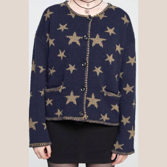 Romwe Hippie Star Pattern Navy Drop Shoulder Cardigan Medium - Picture 2 of 6